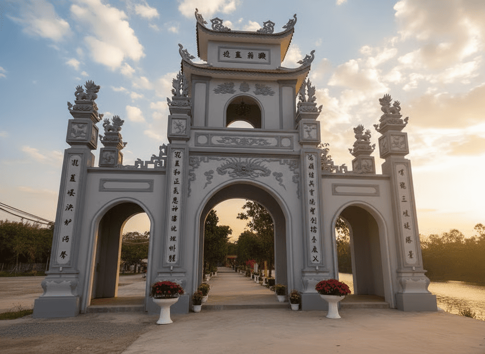 Đền có bố cục tam điện uy nghi, hài hòa theo trục dọc truyền thống.